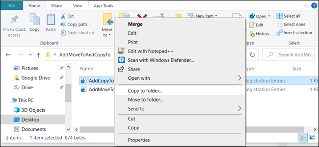 El menú contextual de Windows 10 con "Copiar a" y "Mover a" incluido.