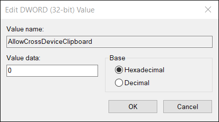 Asegúrese de que los datos del valor sean "0" antes de hacer clic en "Aceptar".