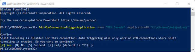 El comando "Y" para confirmar el túnel dividido está deshabilitado de forma predeterminada en una ventana de PowerShell.