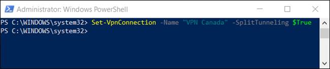 El comando "Set-VpnConnection -Name" <VPNConnection> "-SplitTunneling $ True" en una ventana de PowerShell. 