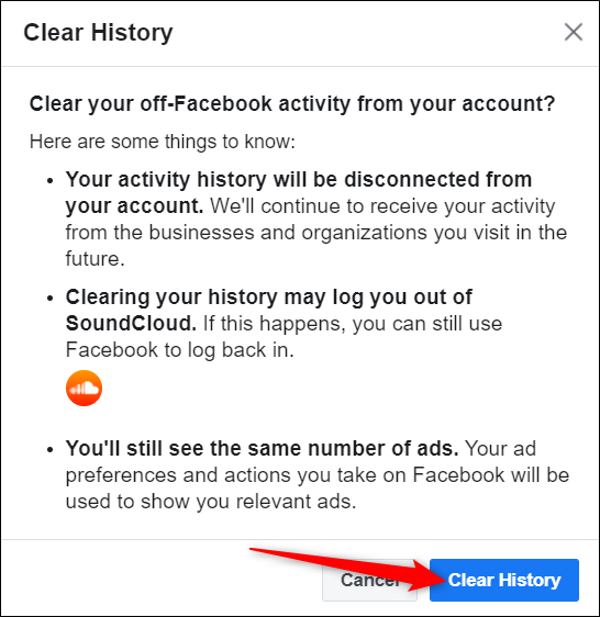 Haga clic en "Borrar historial" para eliminar todo el historial de actividades de su lista de actividades fuera de Facebook.