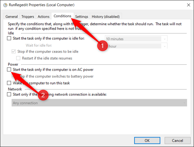 Desmarque la casilla junto a "Iniciar la tarea solo si la computadora tiene alimentación de CA".