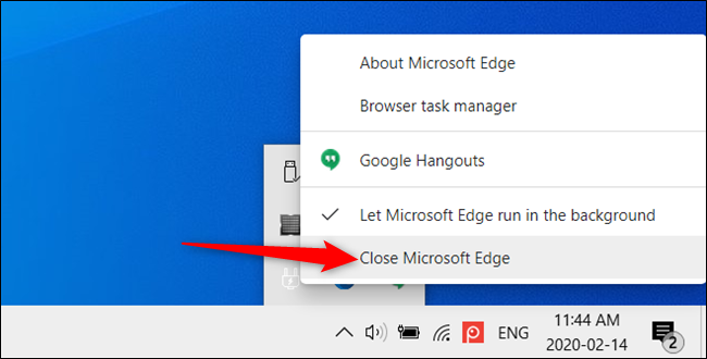 Para cerrar Edge temporalmente, haga clic en "Cerrar Microsoft Edge" en el menú.