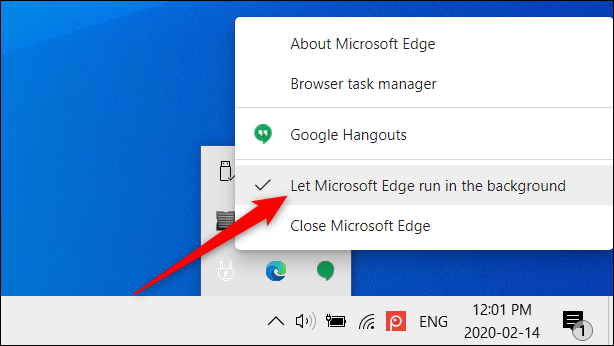 Haga clic en "Dejar que Microsoft Edge se ejecute en segundo plano" para desactivar esta función.