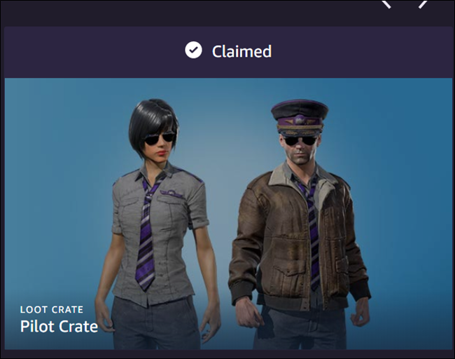 Una página de botín "Reclamado" para un "Pilot Crate", con un personaje femenino y otro masculino. 