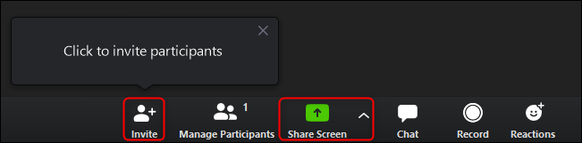 Haga clic en "Invitar" para enviar invitaciones y luego haga clic en "Compartir pantalla" después de que todos se unan a la reunión.
