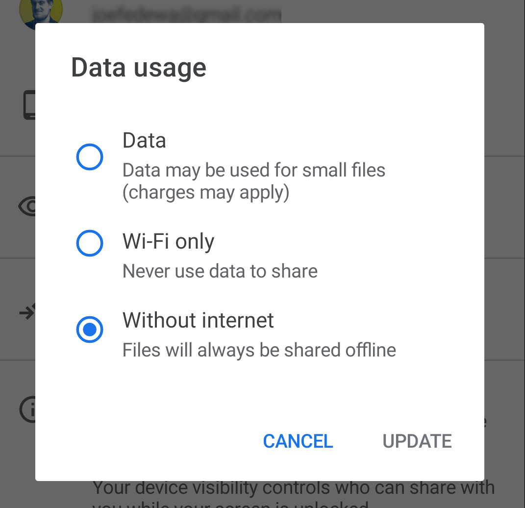 Opciones de uso de datos para Near Share en Android