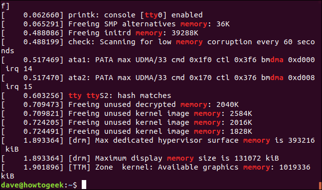 salida de sudo dmesg |  grep -E "memoria | tty | dma" en una ventana de terminal