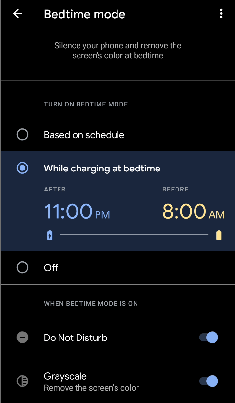 Toca "Mientras se carga a la hora de dormir" para activar el "Modo de hora de dormir" mientras el dispositivo se está cargando.