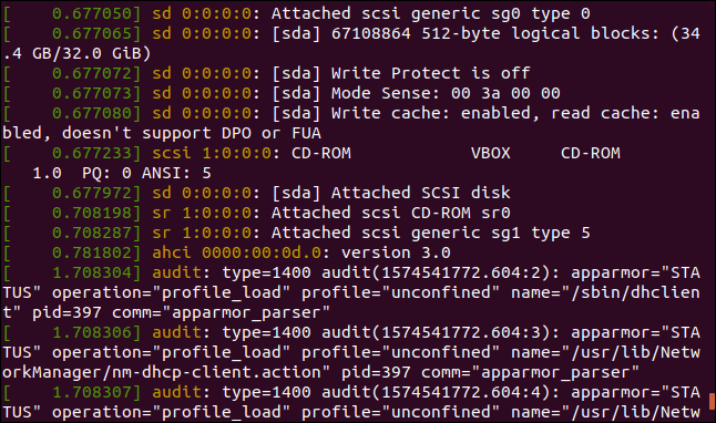 Salida de sudo dmesg -l debug, aviso en una ventana de terminal