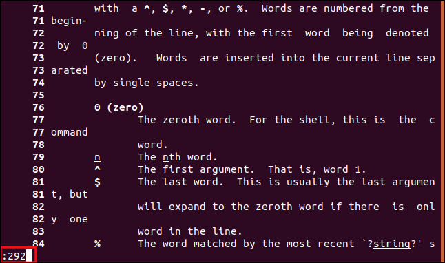 Un comando para moverse a la línea "292" en una página de manual en una ventana de terminal.