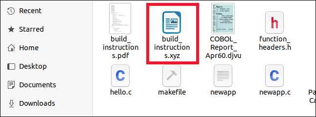 Archivo OpenDocument correctamente identificado dentro del explorador de archivos de archivos, aunque su extensión es XYZ.