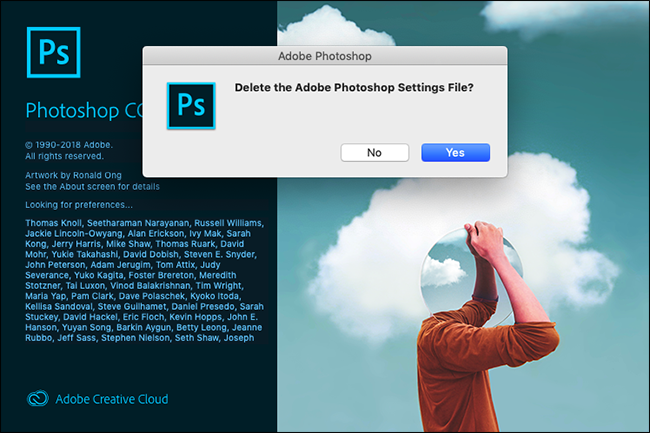 El mensaje "¿Eliminar el archivo de configuración de Adobe Photoshop?"  mensaje en Photoshop.