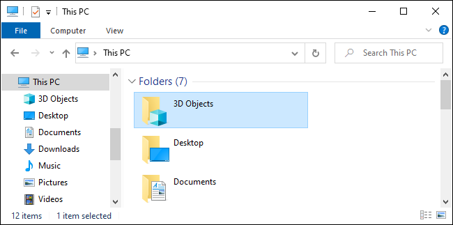 La carpeta de objetos 3D en el Explorador de archivos