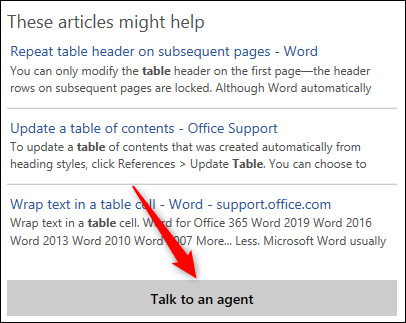 Algunos posibles artículos de ayuda y el botón "Hablar con un agente"