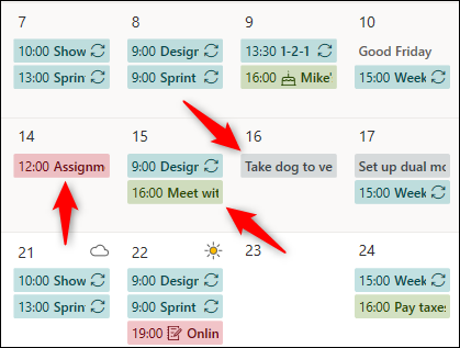 Las citas del calendario de diferentes calendarios se muestran con diferentes colores.