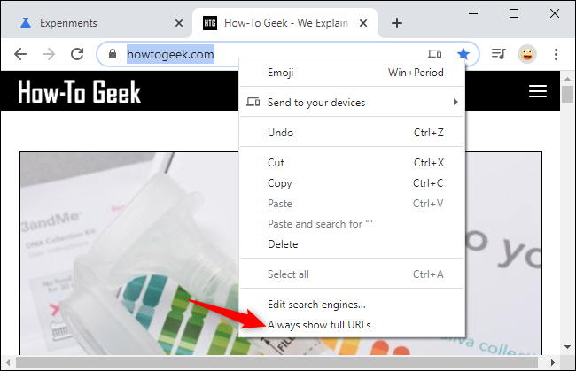 Habilitar "Mostrar siempre las URL completas" en Chrome
