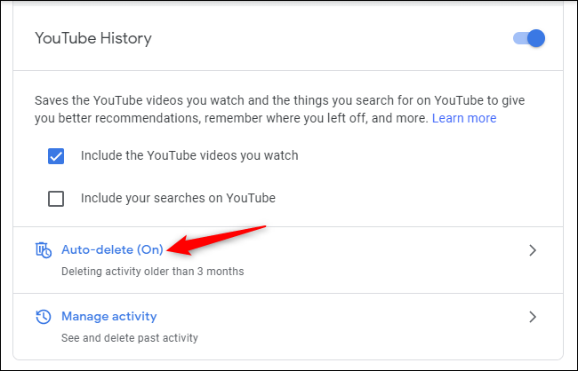 Elimina automáticamente los controles del historial de YouTube en una cuenta de Google.