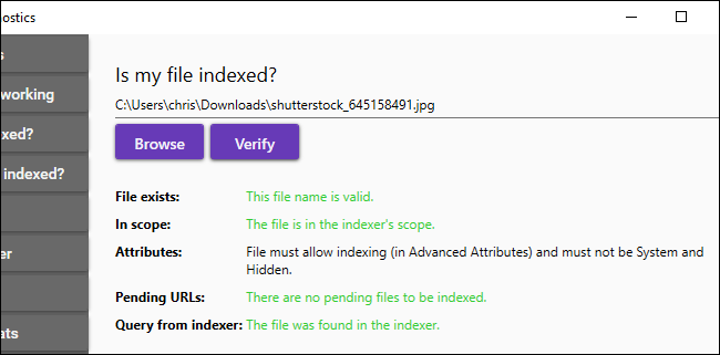 Comprobación de si un archivo se está indexando y por qué en Indexer Diagnostics de Microsoft.