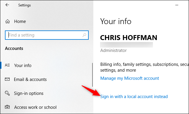 Conversión de una cuenta de Microsoft en una cuenta local en Windows 10.