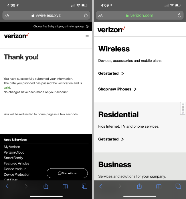Un sitio web atractivo de Verizon después de haber ingresado los datos personales.