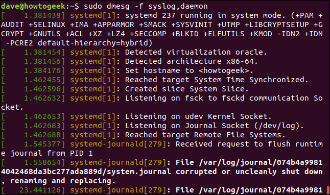 salida de sudo dmesg -f syslog, daemon en una ventana de terminal