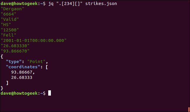 El comando "jq" [234] [] "strikes.json" en una ventana de terminal.