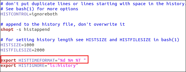 El comando export HISTTIMEFORMAT = "% dn% m% T" en gedit.