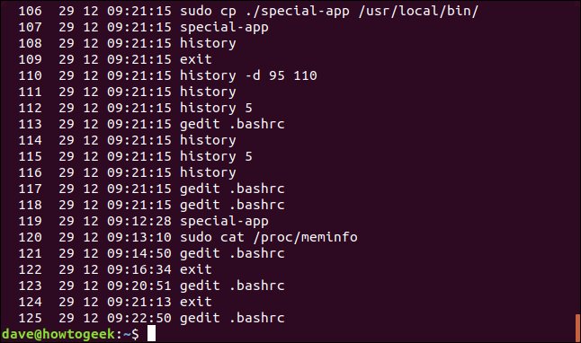 Una lista de historial con marcas de tiempo en una ventana de terminal.