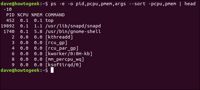 Salida de ps -e -o pid, pcpu, pmem, args --sort -pcpu, pmem |  cabeza 10