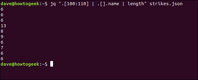 El "jq". [100: 110] |  . []. nombre |  length "strikes.json" comando en una ventana de terminal.