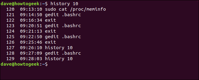 Una lista de historial con marcas de tiempo en una ventana de terminal.