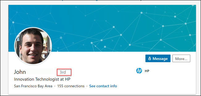 Captura de perfil de LinkedIn, que muestra una tercera conexión con el perfil registrado.