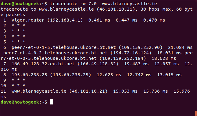 El comando "traceroute -w 7.0 blarneycastle.ie" en una ventana de terminal.