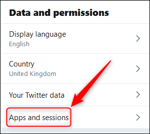 El menú "Datos y permisos" con la opción "Aplicaciones y sesiones" resaltada.