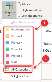 Las opciones del menú "Categorizar".