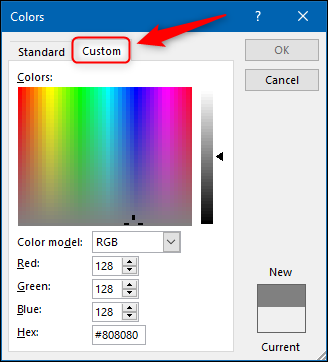 Haga clic en la pestaña "Personalizado" en el menú "Colores".