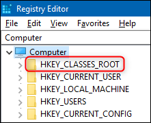 El Editor del registro que muestra la clave HKEY_CLASSES_ROOT.
