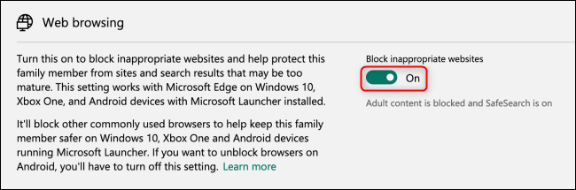 Alternar bloque de navegación web de Microsoft Family Group