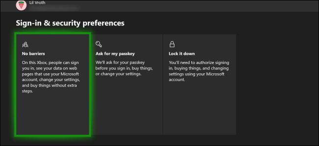 El menú "Preferencias de inicio de sesión y seguridad" de Xbox One.