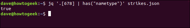 El comando "jq '. [678] | has (" nametype ")' strikes.json" en una ventana de terminal.