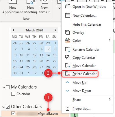 Opción "Eliminar calendario" de Outlook