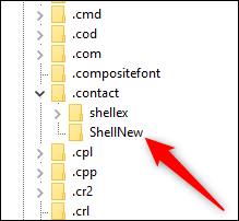 La clave .contact se expandió para mostrar la clave ShellNew.