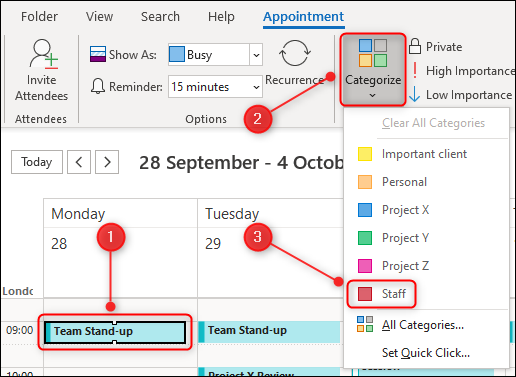 Un evento seleccionado y el menú "Categorizar".