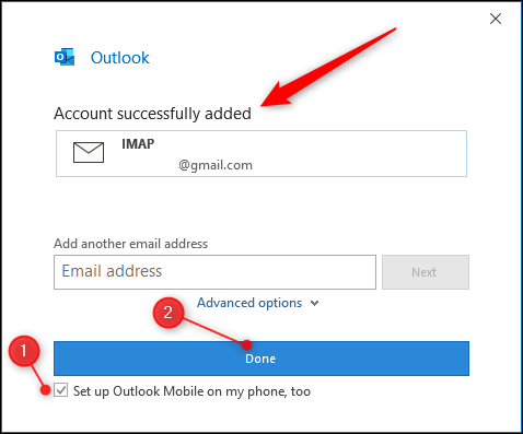 Página de "cuenta agregada" de Outlook.