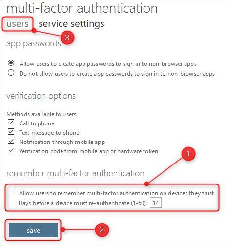 Las opciones de "configuración del servicio" y la pestaña "usuarios"