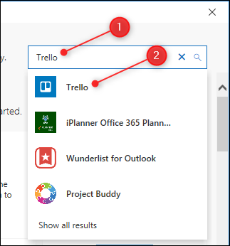El cuadro de búsqueda con el resultado de Trello resaltado