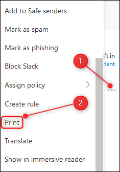 Los tres puntos en la parte superior derecha del correo y la opción Imprimir.