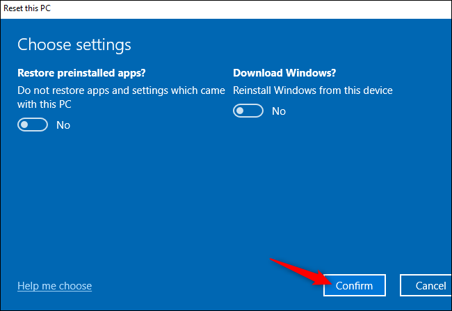 El botón "Confirmar" para restablecer una PC con Windows 10.
