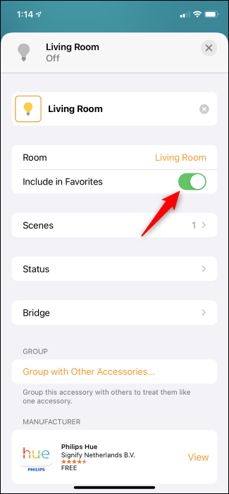 Elegir si un accesorio para el hogar inteligente es un favorito o no en la aplicación Home de Apple.